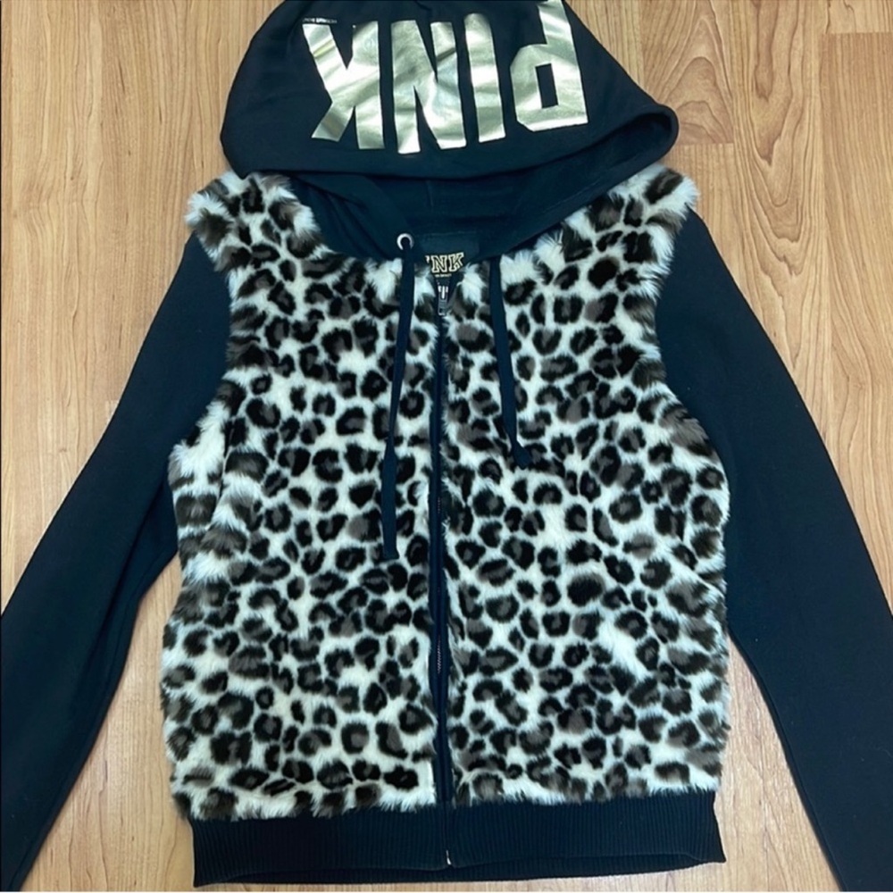 PINK Victoria's Secret Black Hoodie with Leopard Faux Fur Front
